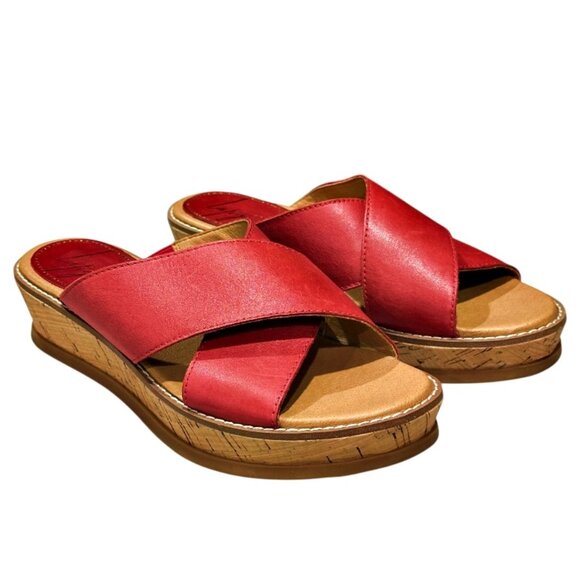 Latigo Shoes - Latigo Red Leather Slip-on Sandals Size 7.5M Kayda Criss Cross Cork Wedge MINT